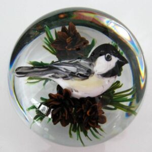 Farfalla Paperweight Ayotte Rick Chicadee on Branch of Pine Tree RA 1041