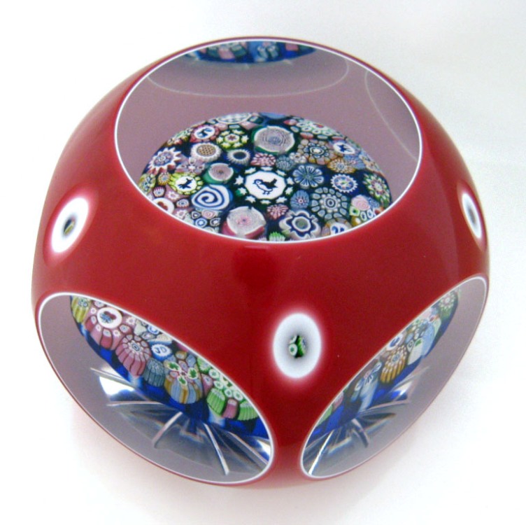 Farfalla Paperweight Deacons John Doppeloverlay mit Millefiori Pilz JD 805