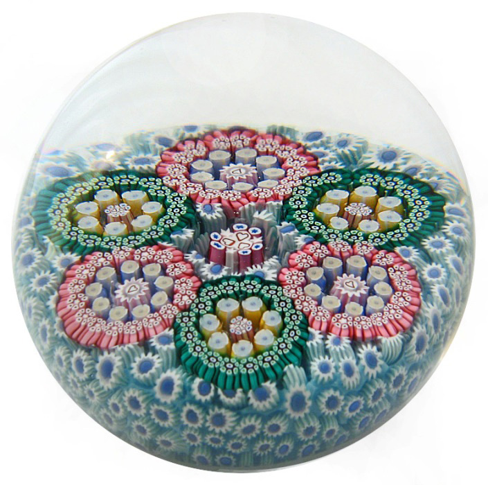 Farfalla Paperweight Deacons John Patterned Millefiori on Carpet Ground JD 1412