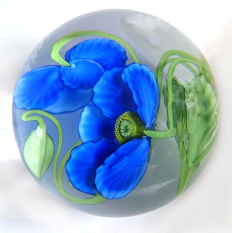 Farfalla Paperweight Lundberg Studios Blauer Mohn LS 146CM