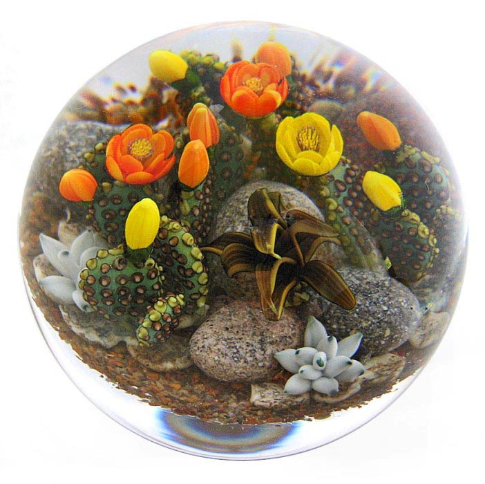 Farfalla Paperweight Richardson Cathy Touchstone Glass Bluehende Kakteen Beavertail Cacti CR 1246