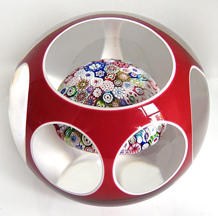 Farfalla Paperweight Saint Louis Encased Doppel Overlay Millefiori Pilz SL 055