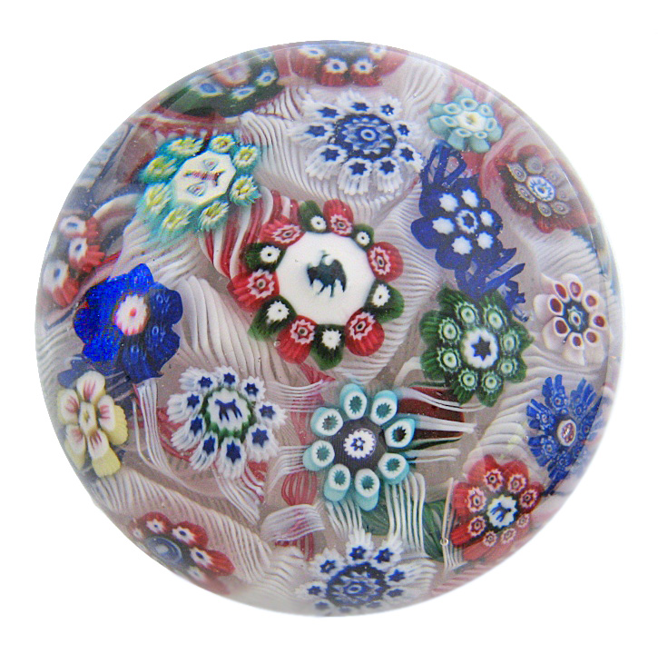 Farfalla Paperweight Scattered Concentric Millefiori on Lace 112 JhS
