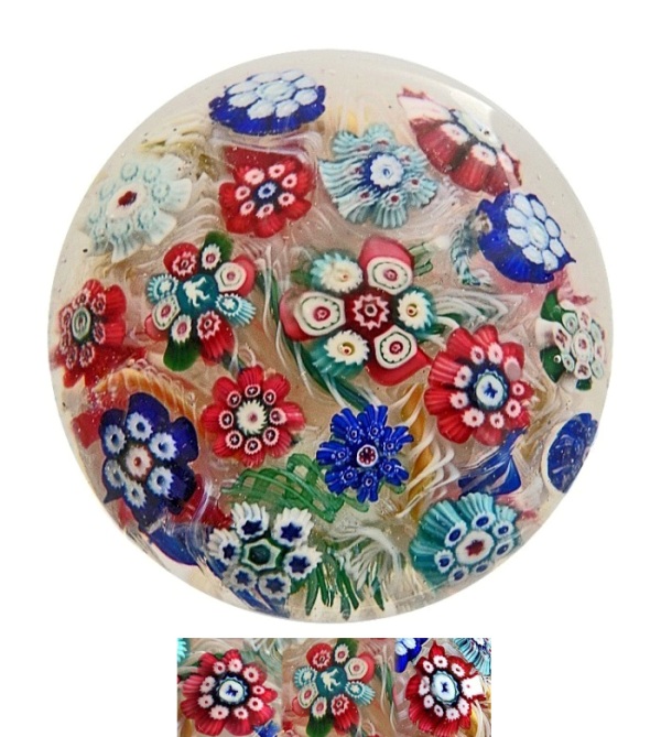 Farfalla Paperweight Scattered Concentric Millefiori on Lace 120 JhS